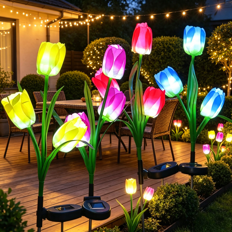 Outdoor Lighting Options - 3‑Head Solar Tulip Stake Lights Red